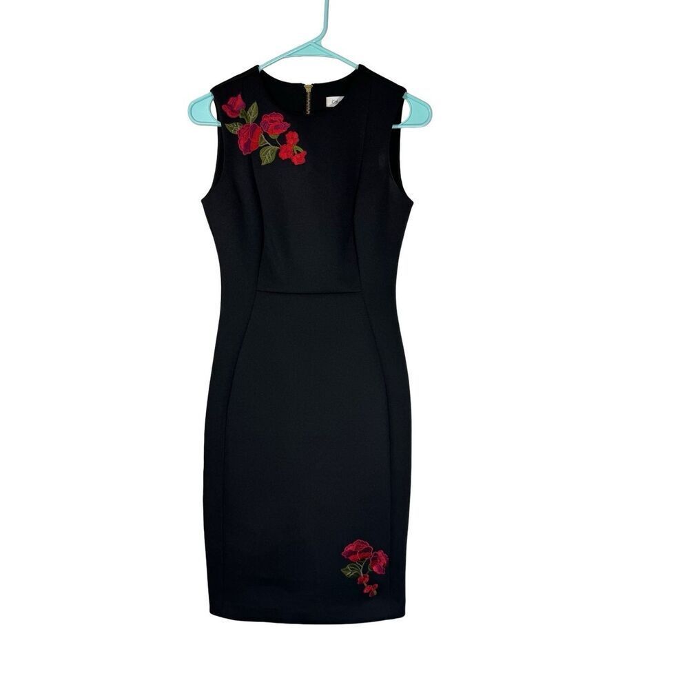 Calvin Klein Scuba Sheath Dress with Rose Embroidery